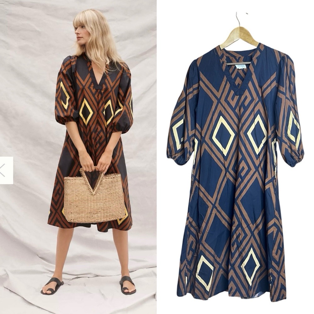 Porridge Anthropologie Dress Navy Brown Geometric Diamond 100% Cotton Midi
